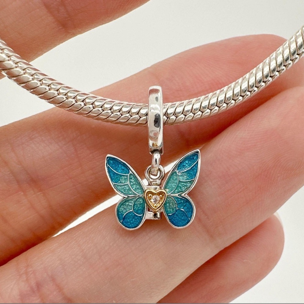 PANDORA Blue and Gold Butterfly Dangle Charm 🦋